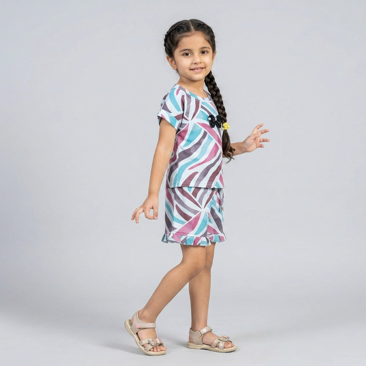 Girls Abstract Print Co-ord Set with Ruffle Shorts and Bow Detail