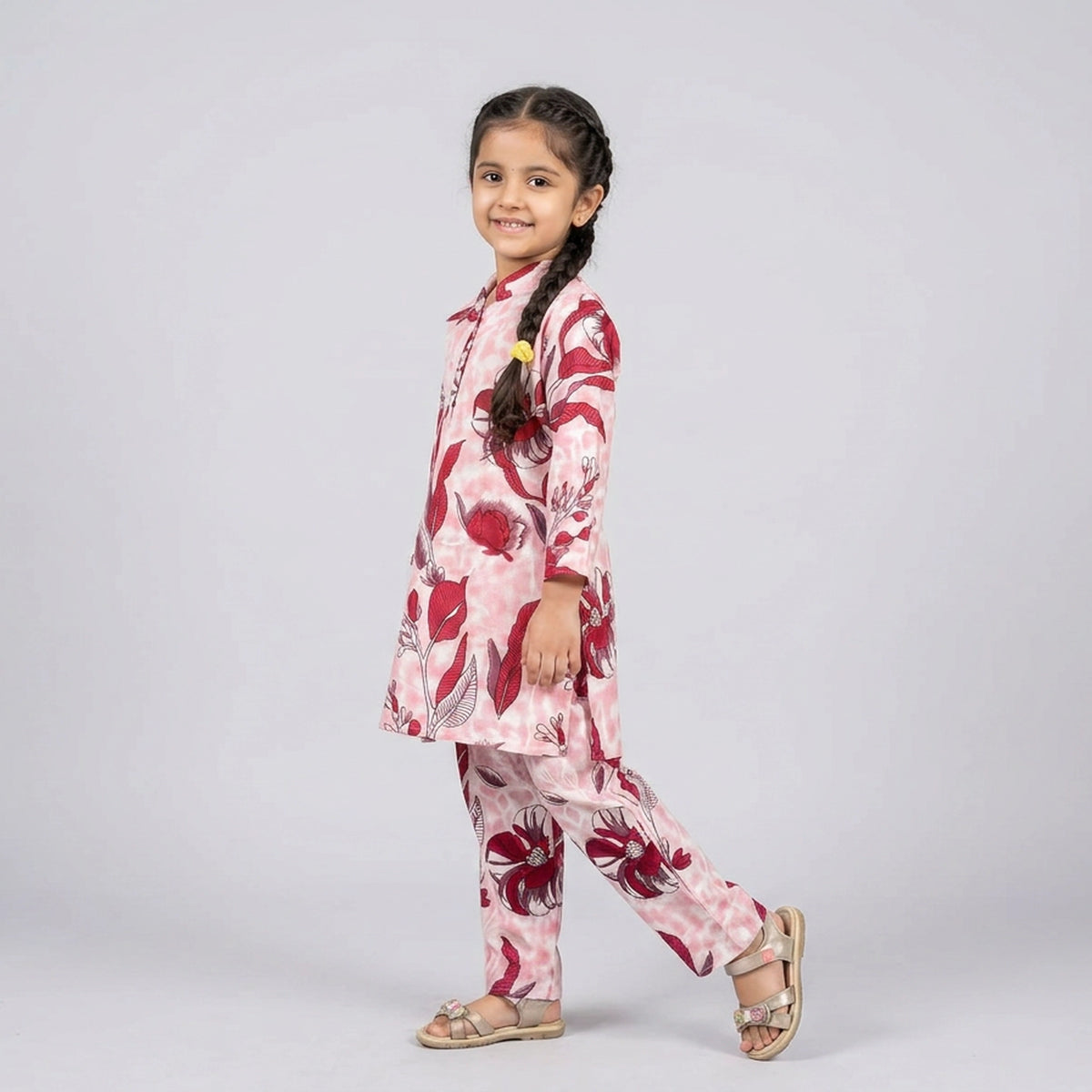 Girls Pink Floral Print Tie-Up Peplum Top with Pants Co-ord Set