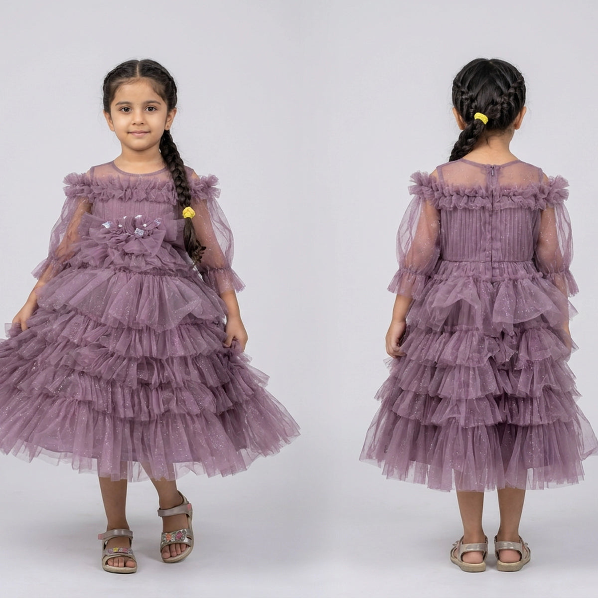 Layered Fancy Floral Bow Gown with Cut Sleeves for Kids - Elegant Party Wear