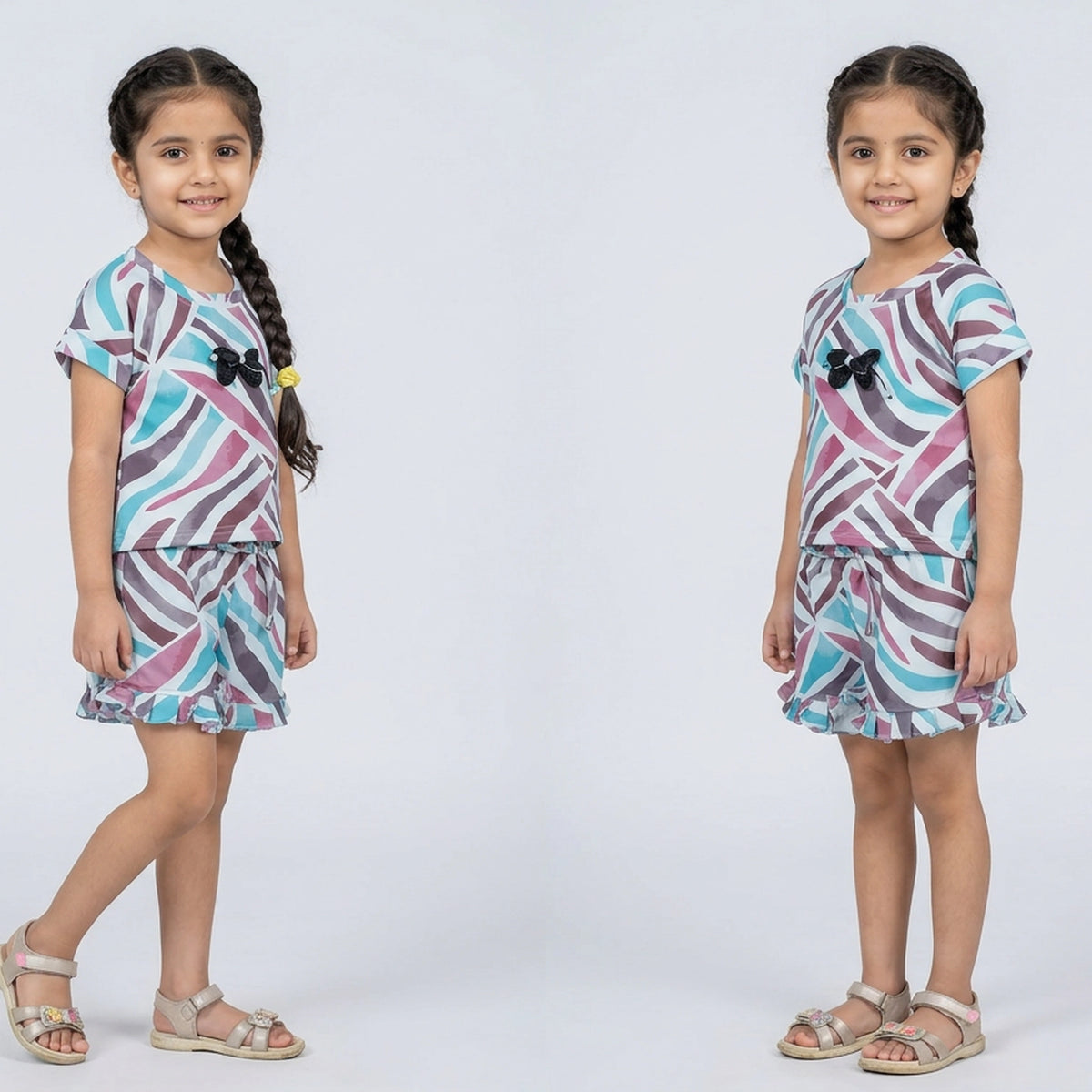 Girls Abstract Print Co-ord Set with Ruffle Shorts and Bow Detail