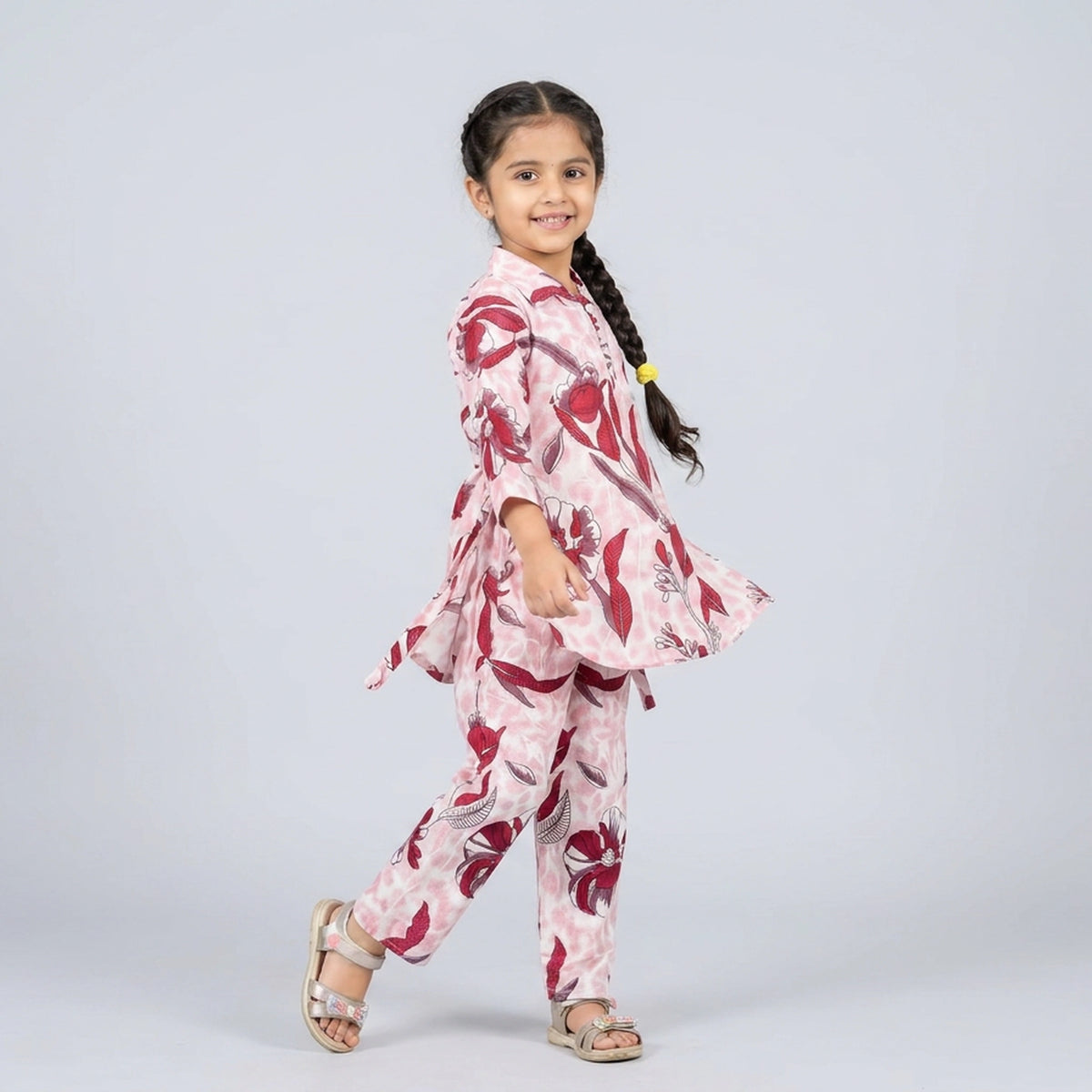 Girls Pink Floral Print Tie-Up Peplum Top with Pants Co-ord Set