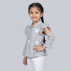 Girls Grey Pinstripe Peplum Top & Floral Layered Skirt Set – Elegant Party Wear Co-Ord Outfit for Kids