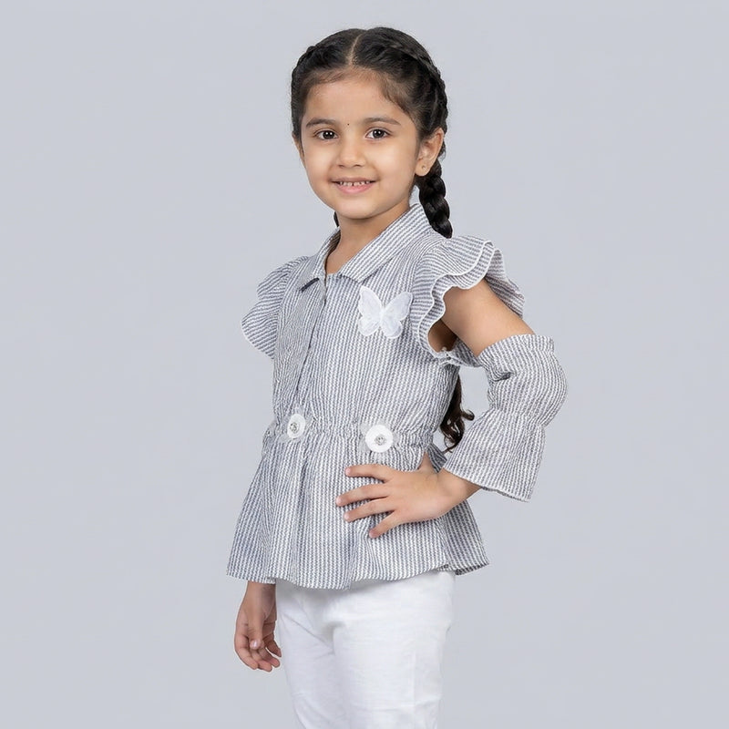 Girls Grey Pinstripe Peplum Top & Floral Layered Skirt Set – Elegant Party Wear Co-Ord Outfit for Kids
