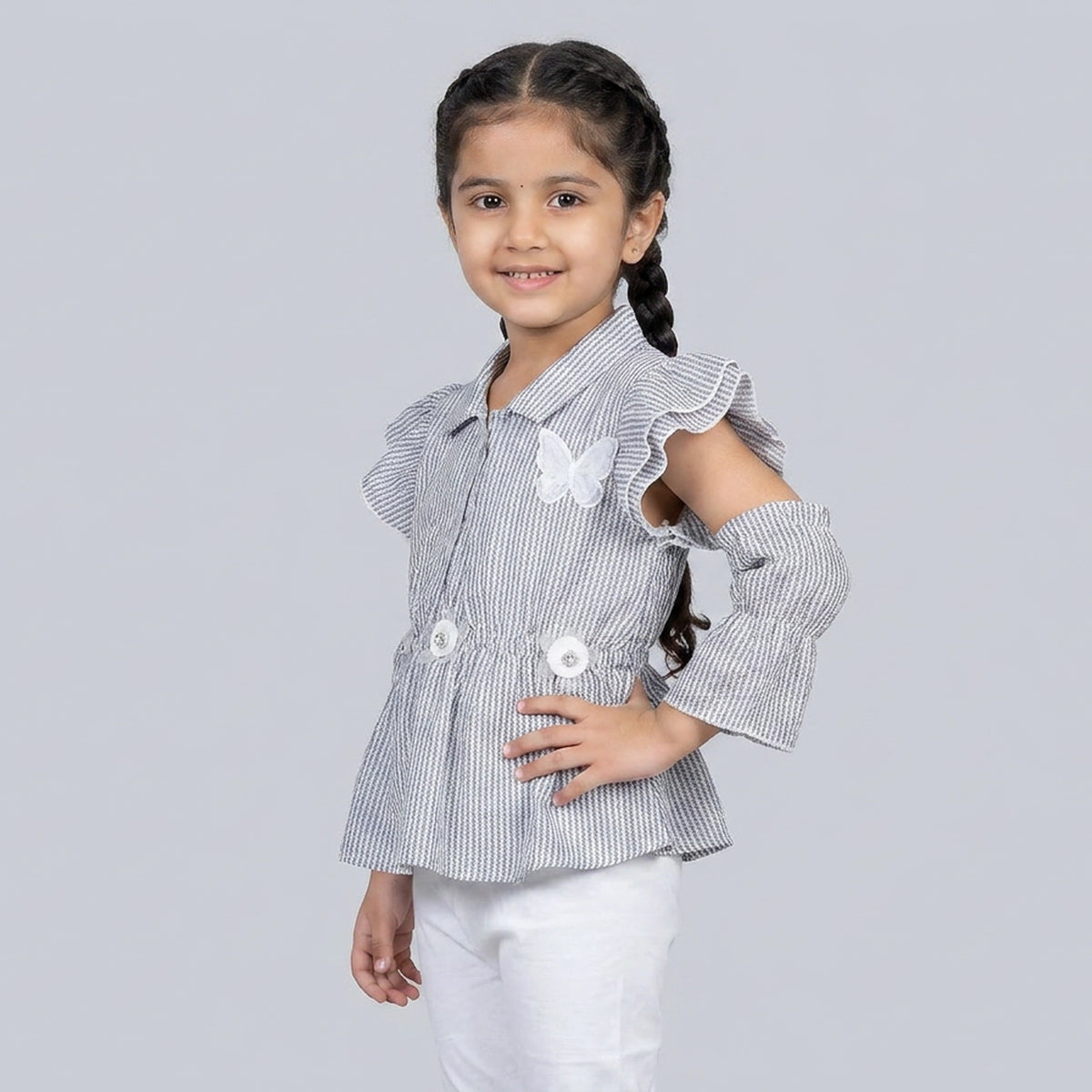 Girls Grey Pinstripe Peplum Top & Floral Layered Skirt Set – Elegant Party Wear Co-Ord Outfit for Kids - image 3