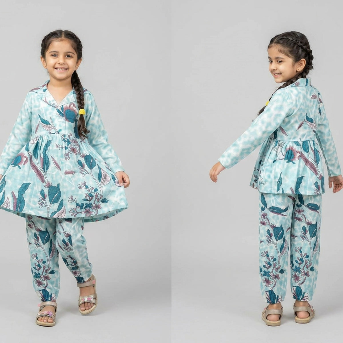 Girls Pink Floral Print Tie-Up Peplum Top with Pants Co-ord Set