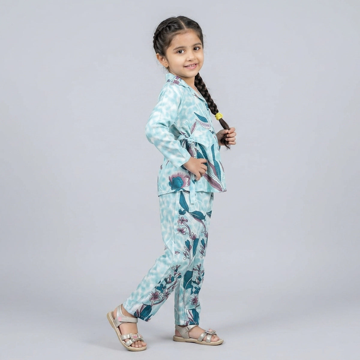 Girls Pink Floral Print Tie-Up Peplum Top with Pants Co-ord Set