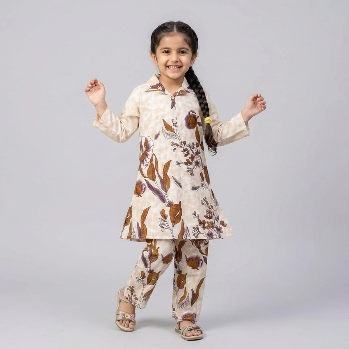Girls Pink Floral Print Tie-Up Peplum Top with Pants Co-ord Set