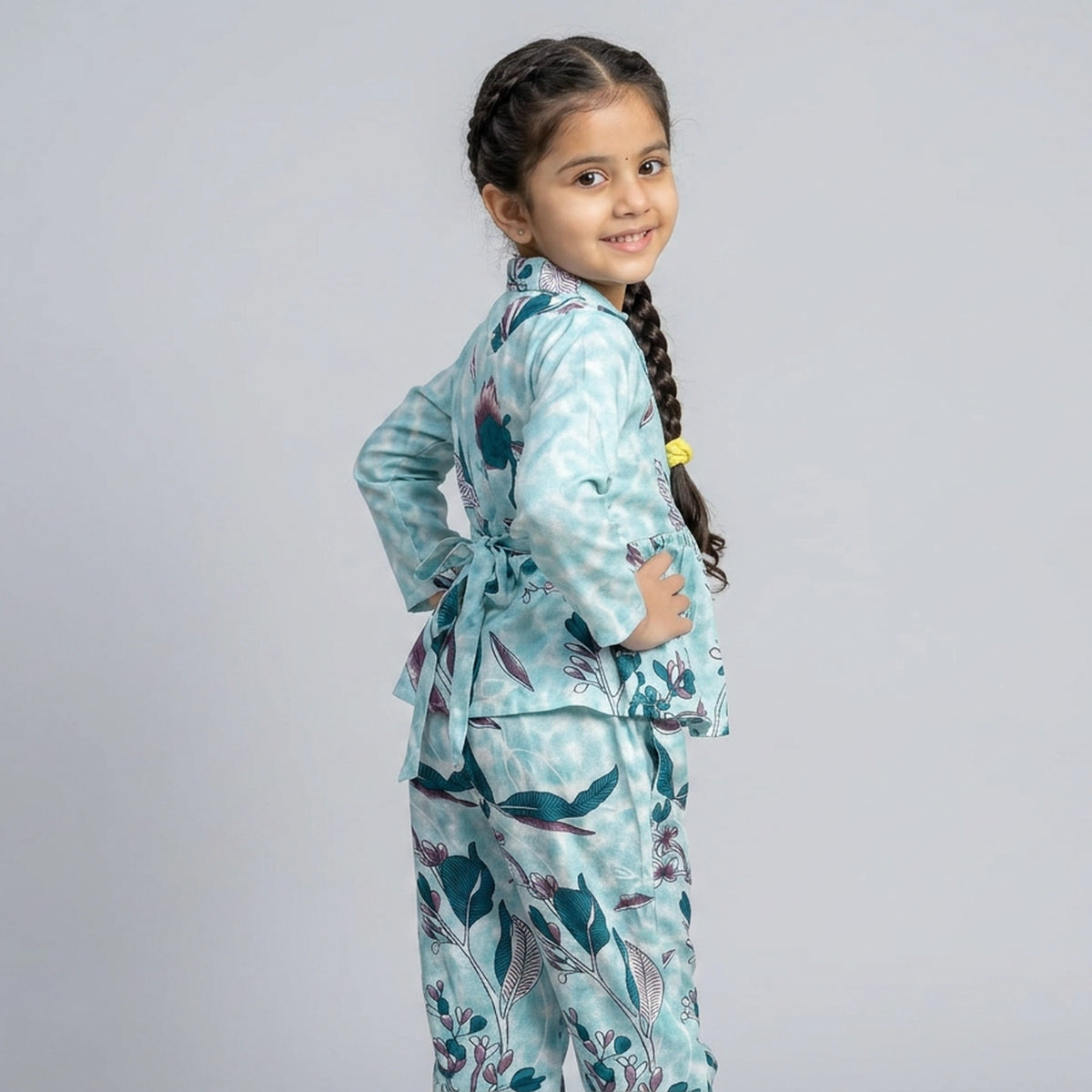Girls Pink Floral Print Tie-Up Peplum Top with Pants Co-ord Set