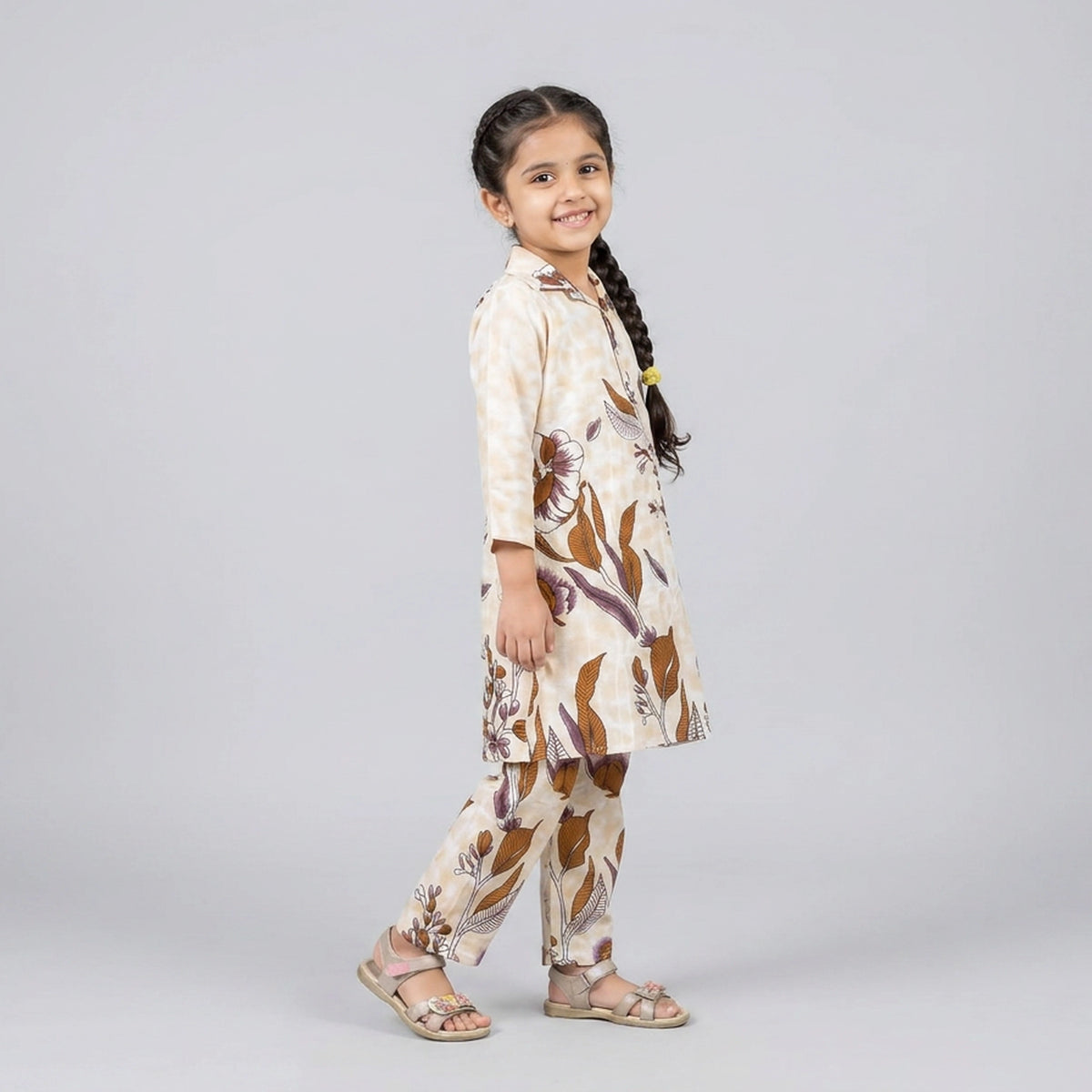 Girls Pink Floral Print Tie-Up Peplum Top with Pants Co-ord Set