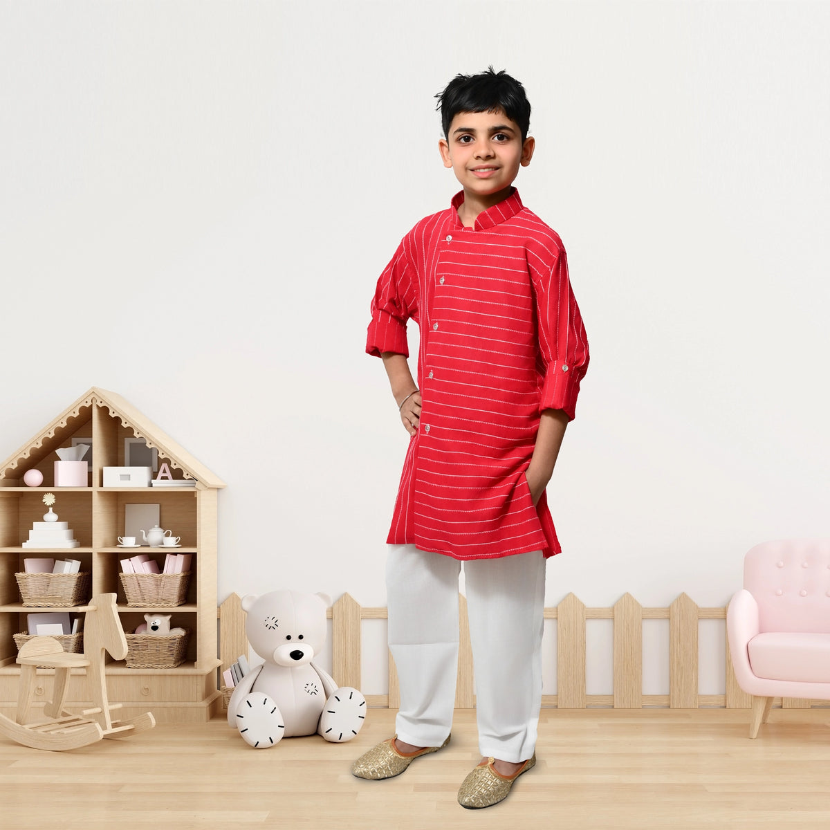 Boys Red Striped Kurta Pyjama Set – Festive Ethnic Wear for Kids - image 1