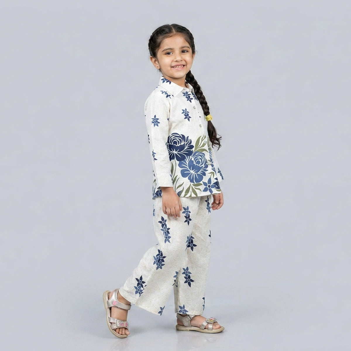 Girls Ivory Red Floral Print Shirt with Palazzo Pants Co-ord Set