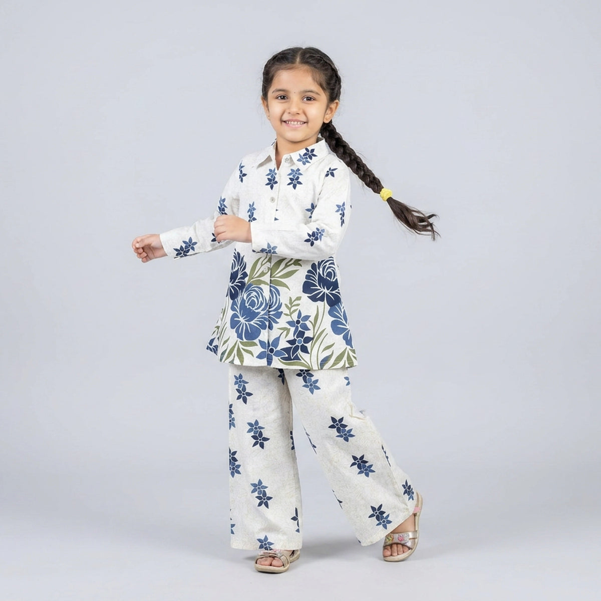 Girls Ivory Red Floral Print Shirt with Palazzo Pants Co-ord Set