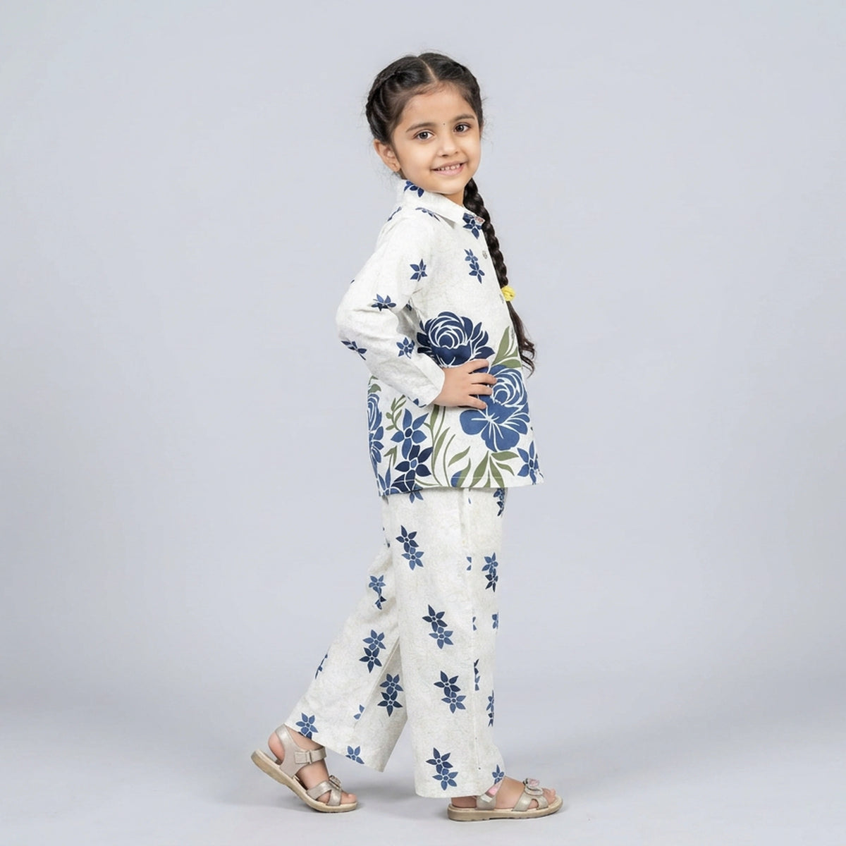 Girls Ivory Red Floral Print Shirt with Palazzo Pants Co-ord Set
