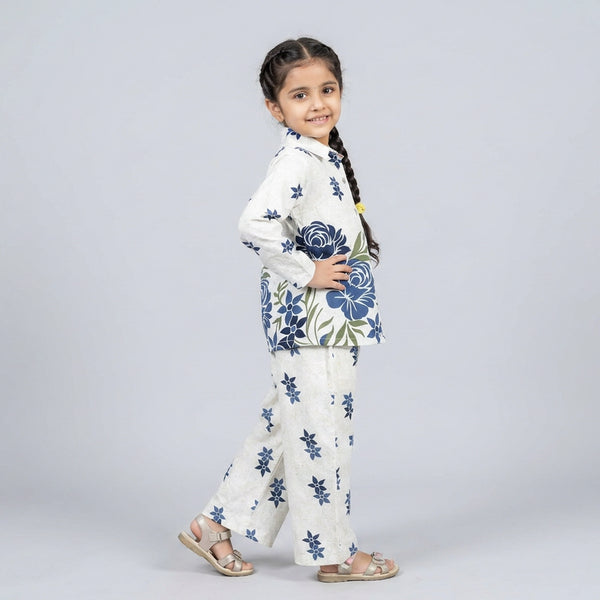 Girls Ivory Red Floral Print Shirt with Palazzo Pants Co-ord Set