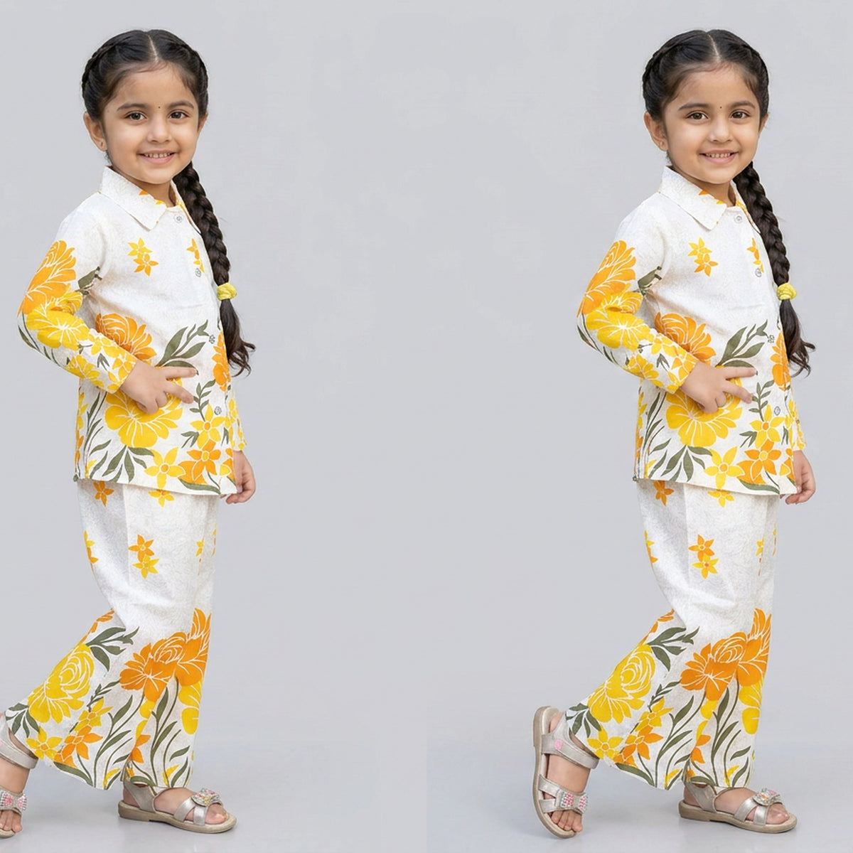 Girls Ivory Red Floral Print Shirt with Palazzo Pants Co-ord Set