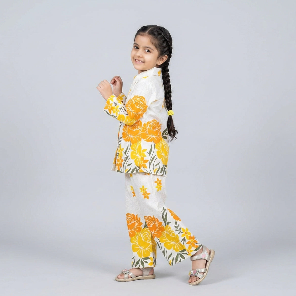 Girls Ivory Red Floral Print Shirt with Palazzo Pants Co-ord Set