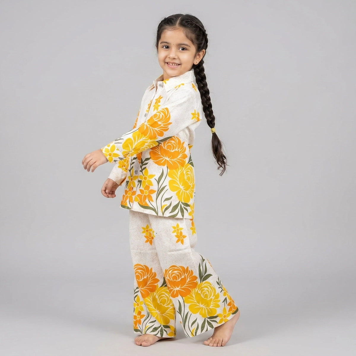 Girls Ivory Red Floral Print Shirt with Palazzo Pants Co-ord Set