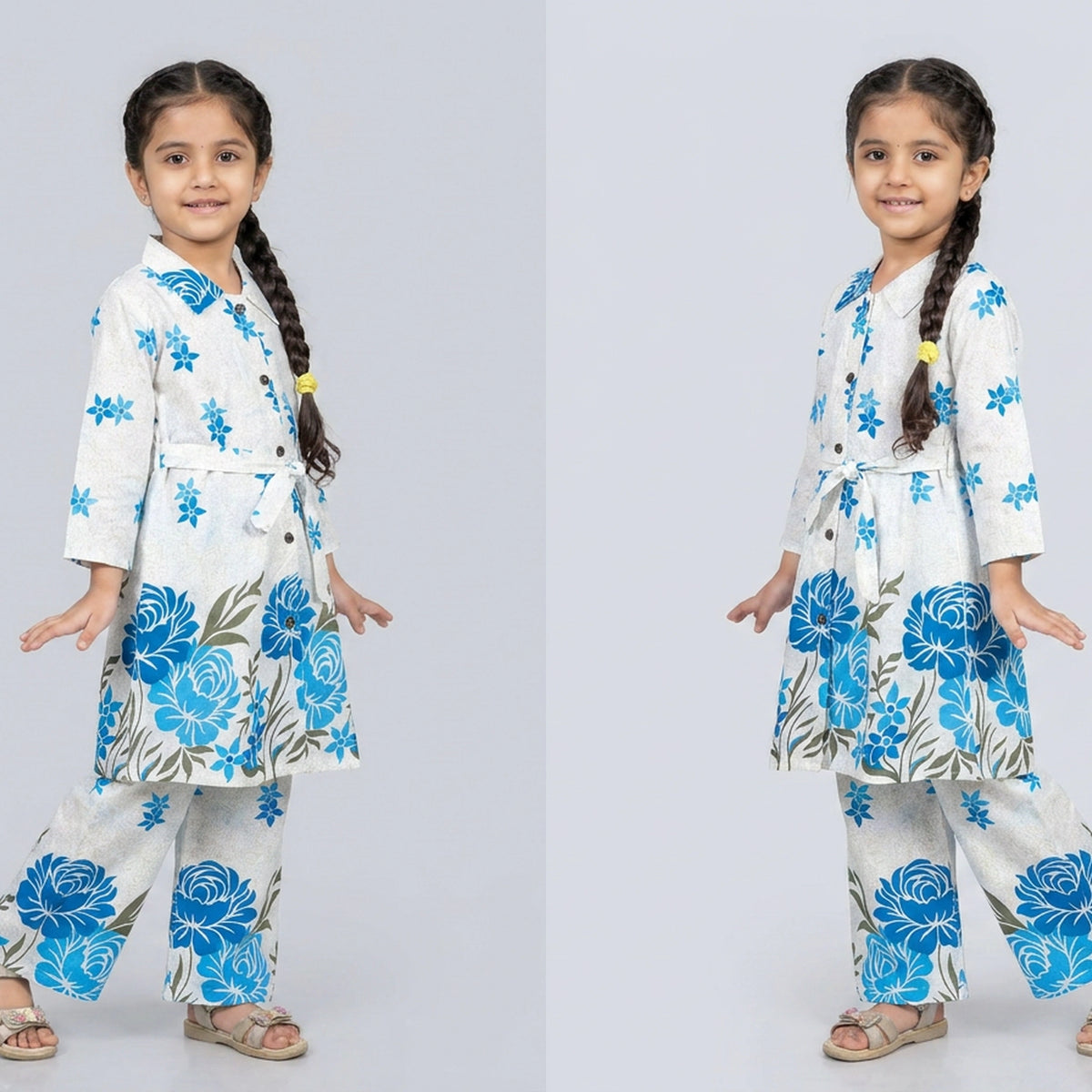 Girls Ivory Red Floral Print Shirt with Palazzo Pants Co-ord Set