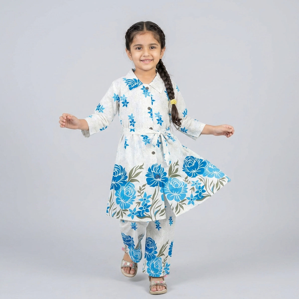 Girls Ivory Red Floral Print Shirt with Palazzo Pants Co-ord Set