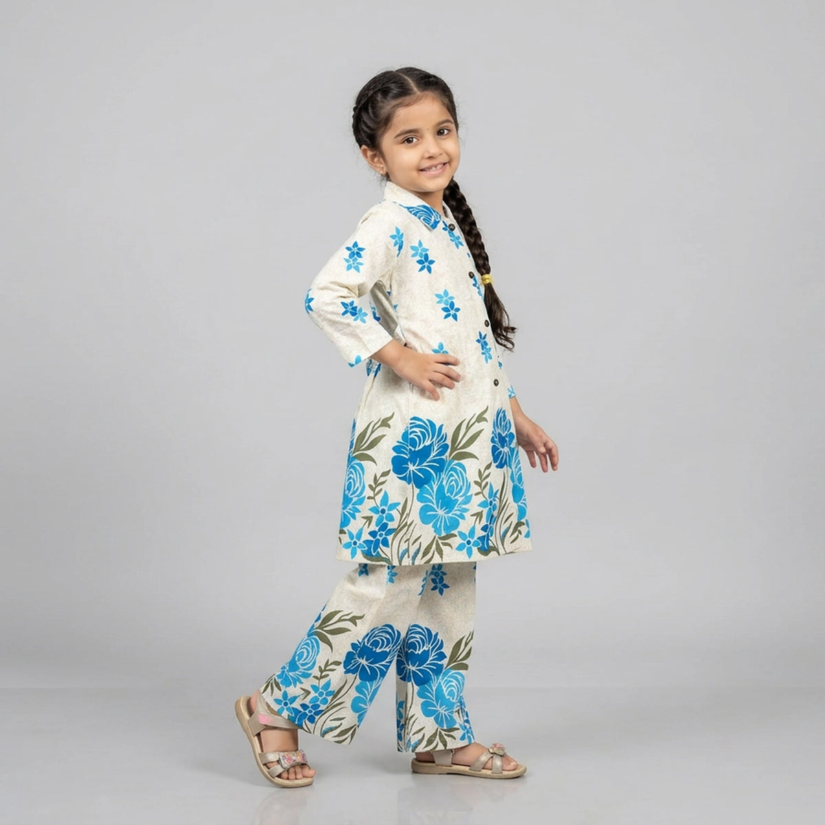 Girls Ivory Red Floral Print Shirt with Palazzo Pants Co-ord Set