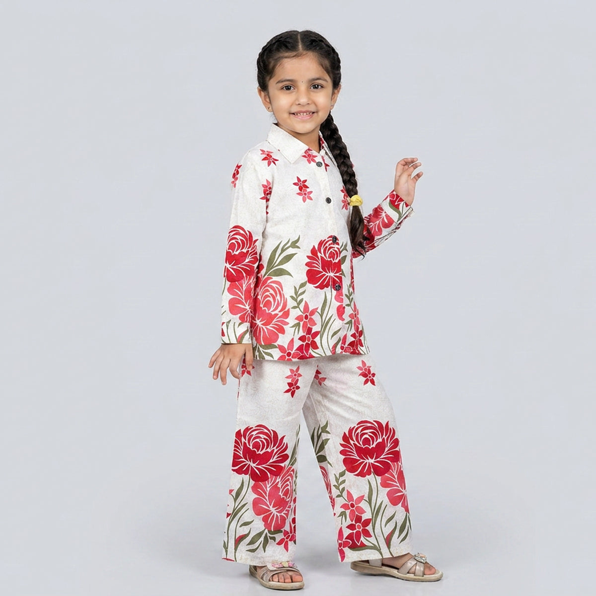 Girls Ivory Red Floral Print Shirt with Palazzo Pants Co-ord Set
