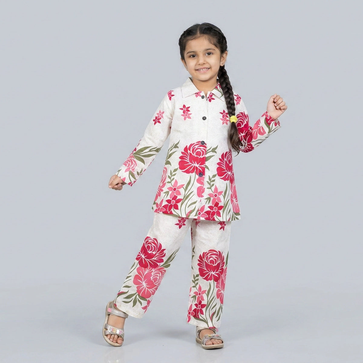 Girls Ivory Red Floral Print Shirt with Palazzo Pants Co-ord Set
