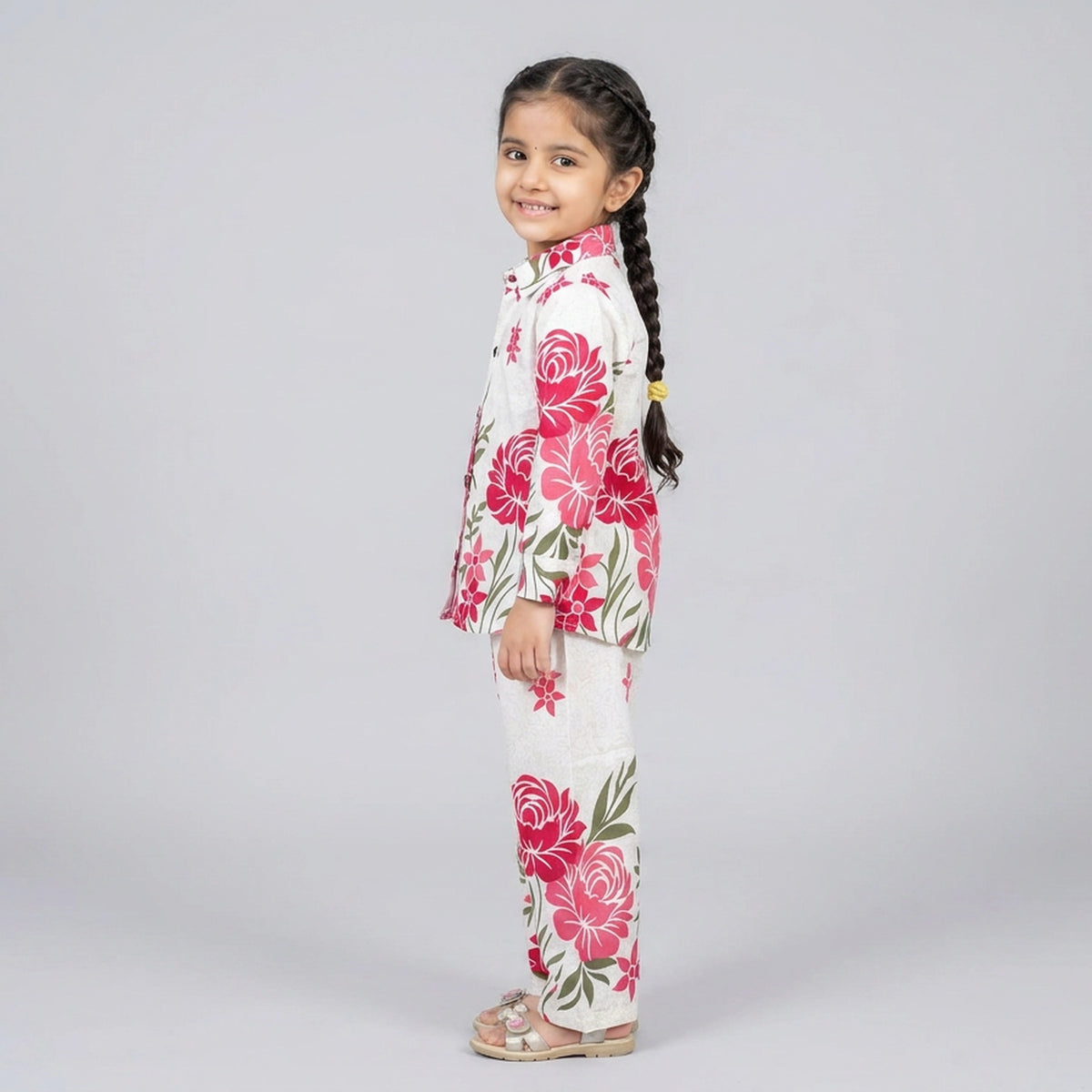 Girls Ivory Red Floral Print Shirt with Palazzo Pants Co-ord Set
