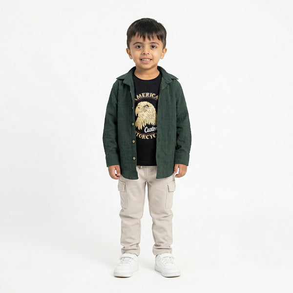BOYS Green Casual Shirt & Printed T-Shirt Set with Pants – Stylish Kids Outfit (3-Piece Set)