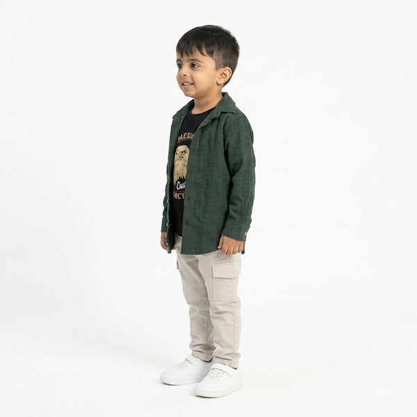 BOYS Green Casual Shirt & Printed T-Shirt Set with Pants – Stylish Kids Outfit (3-Piece Set)
