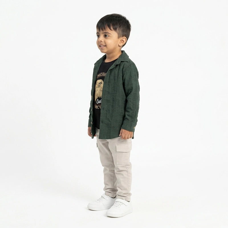 BOYS Green Casual Shirt & Printed T-Shirt Set with Pants – Stylish Kids Outfit (3-Piece Set)