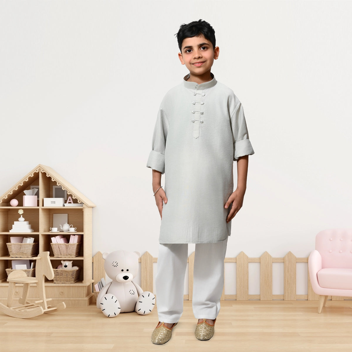 Boys Grey Kurta Pyjama Set – Elegant Ethnic Wear for Kids - image 2
