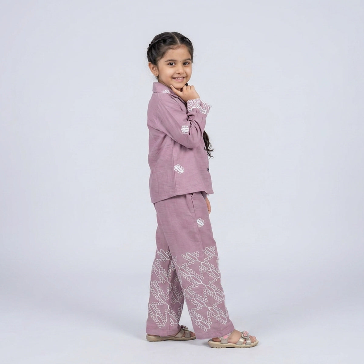 Girls Mauve Purple Printed Cotton Shirt with Palazzo Pants Co-ord Set
