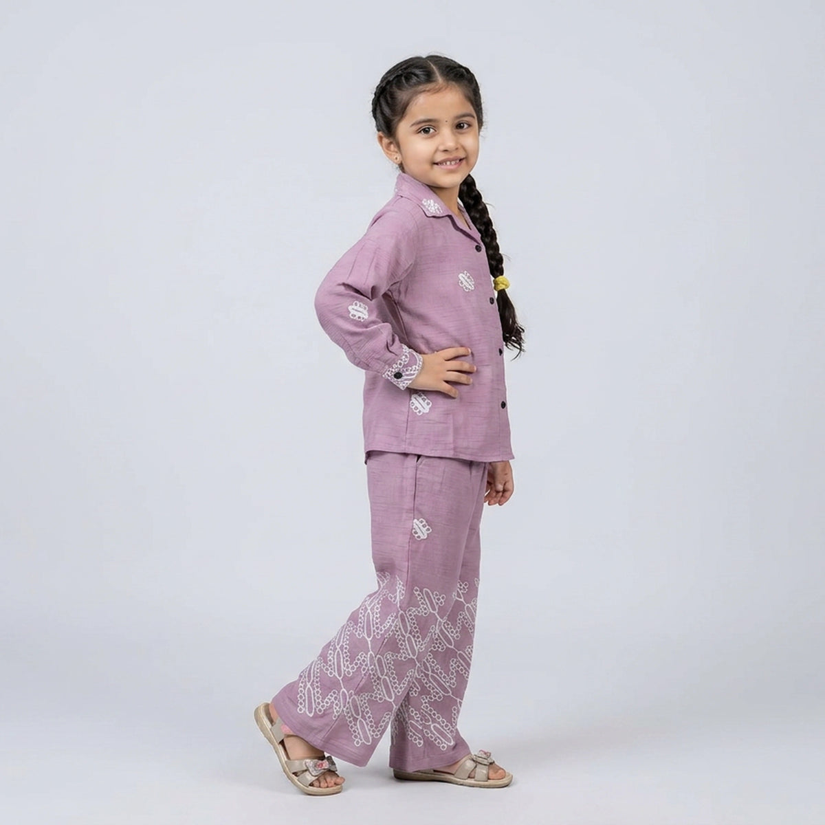 Girls Mauve Purple Printed Cotton Shirt with Palazzo Pants Co-ord Set
