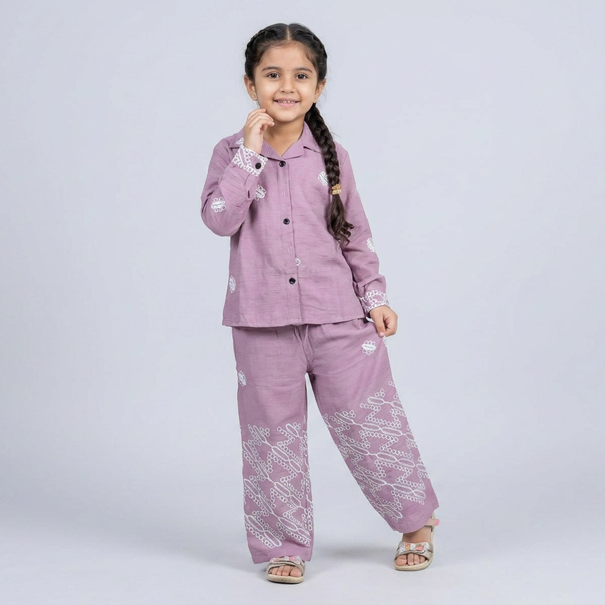 Girls Mauve Purple Printed Cotton Shirt with Palazzo Pants Co-ord Set