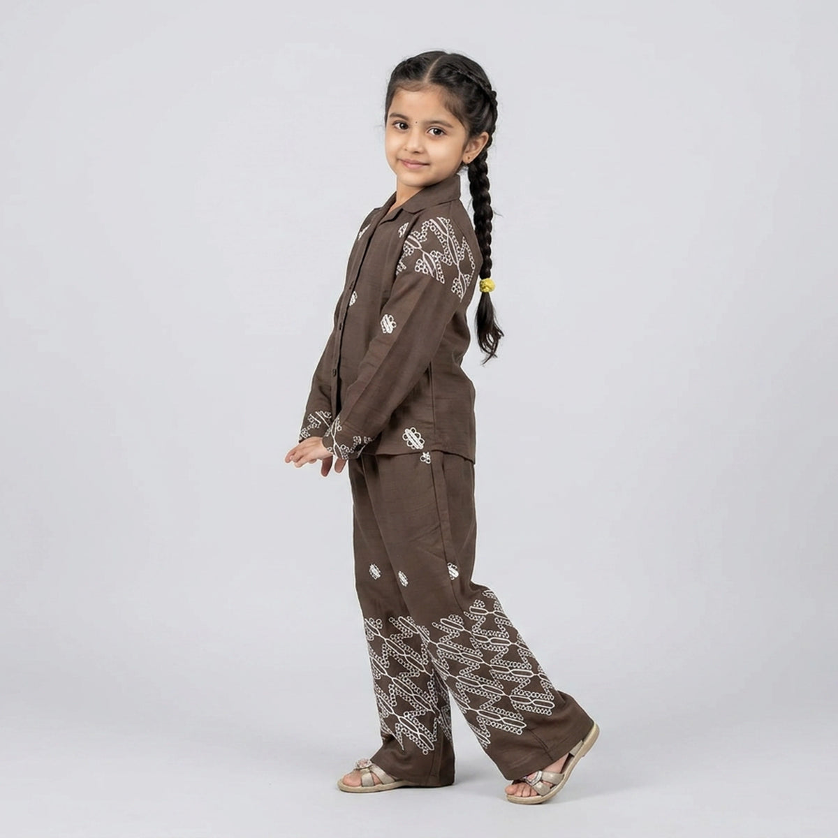 Girls Mauve Purple Printed Cotton Shirt with Palazzo Pants Co-ord Set