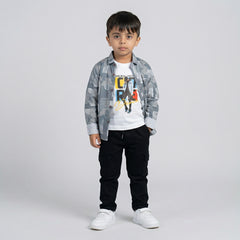 Boys Grey Printed Shirt with White Graphic T-Shirt and Black Cargo Pants Set