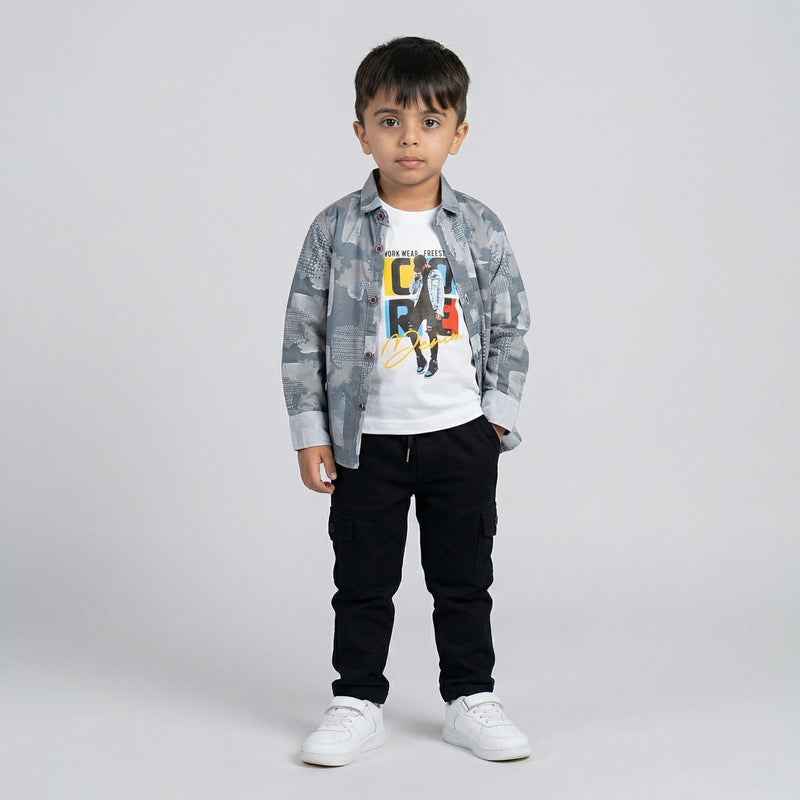 Boys Grey Printed Shirt with White Graphic T-Shirt and Black Cargo Pants Set