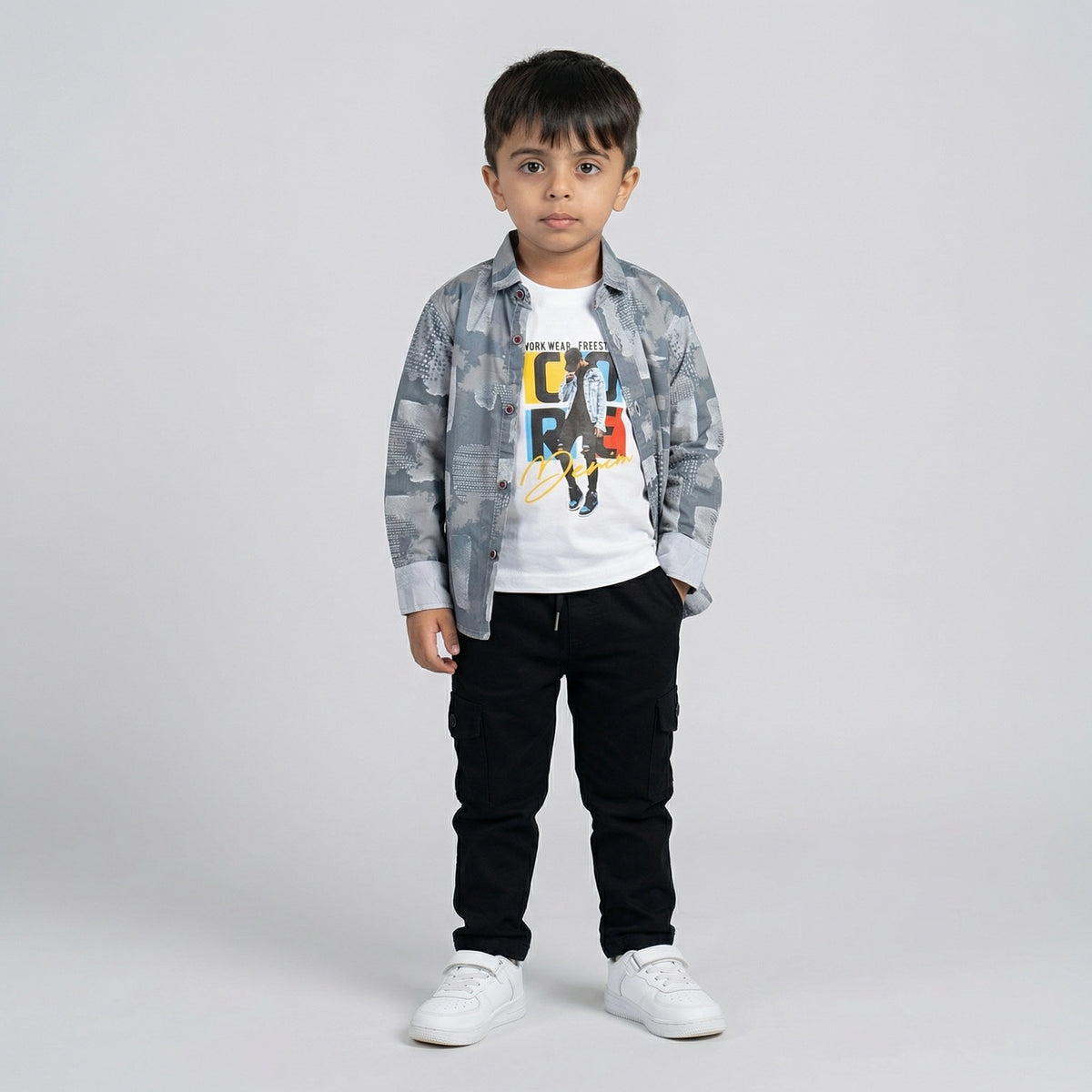 Boys Grey Printed Shirt with White Graphic T-Shirt and Black Cargo Pants Set - image 2
