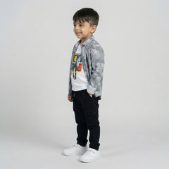 Boys Grey Printed Shirt with White Graphic T-Shirt and Black Cargo Pants Set