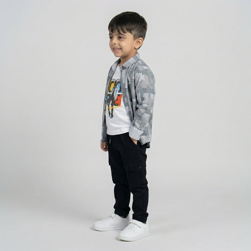 Boys Grey Printed Shirt with White Graphic T-Shirt and Black Cargo Pants Set