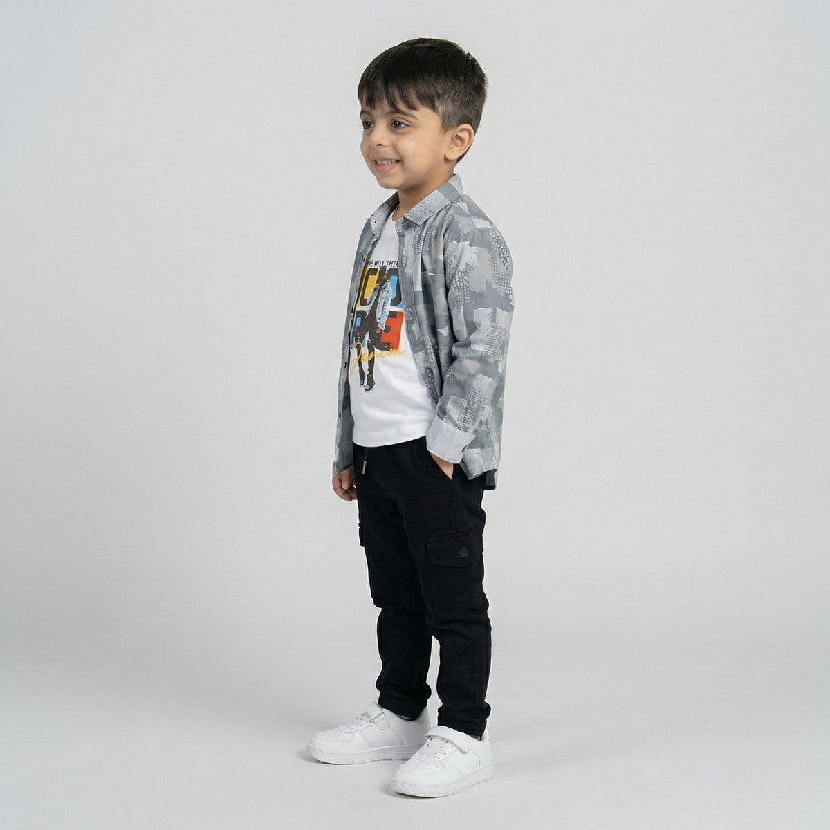 Boys Grey Printed Shirt with White Graphic T-Shirt and Black Cargo Pants Set - image 3