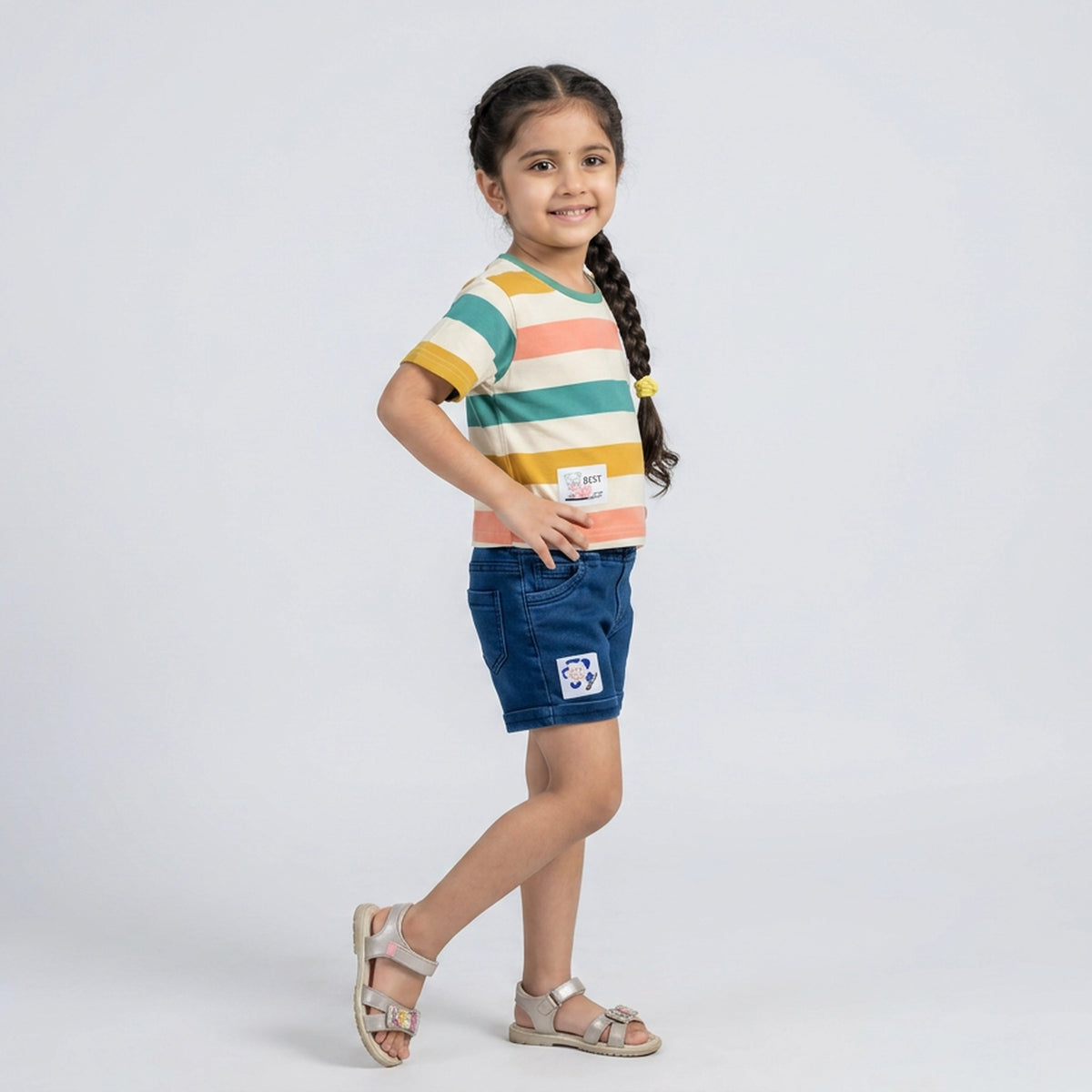 Girls Multicolor Striped Round Neck T-Shirt