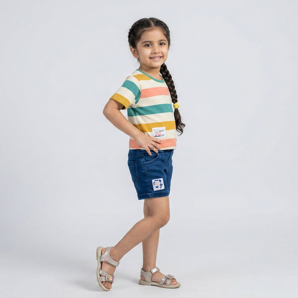 Girls Multicolor Striped Round Neck T-Shirt