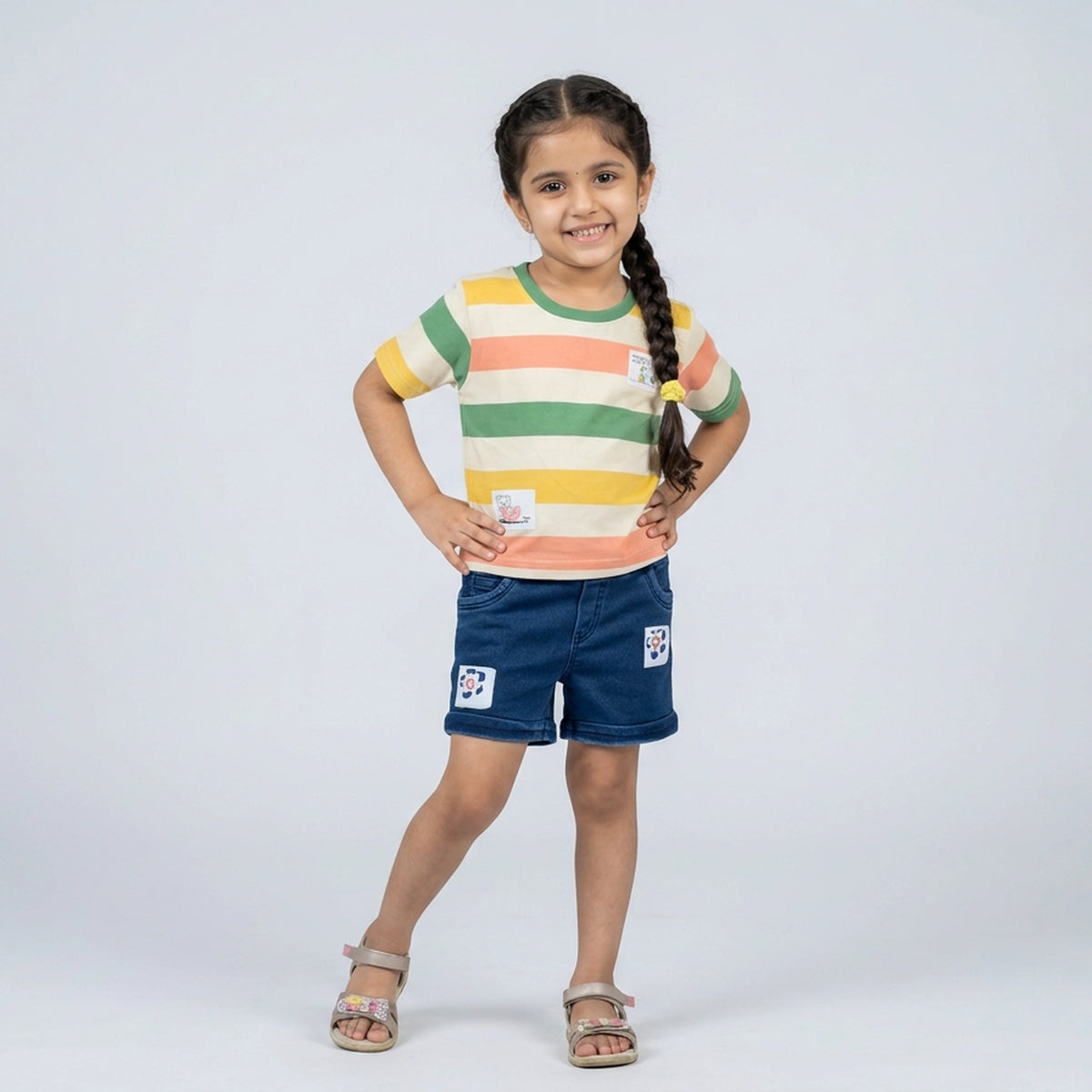 Girls Multicolor Striped Round Neck T-Shirt