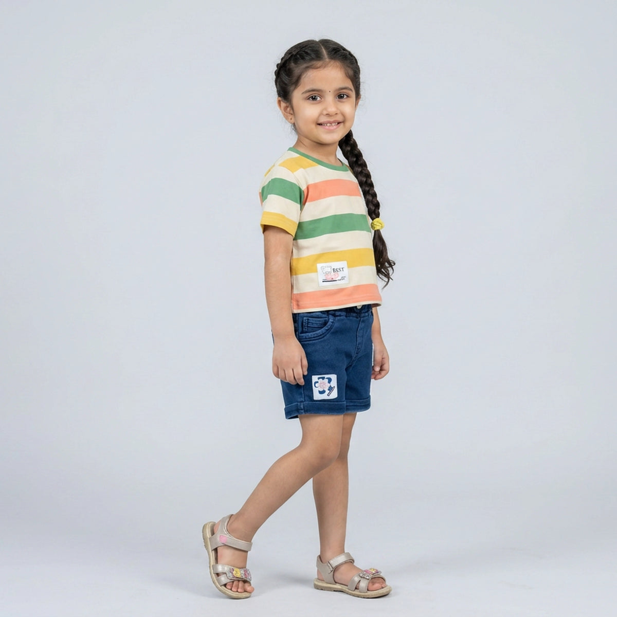 Girls Multicolor Striped Round Neck T-Shirt