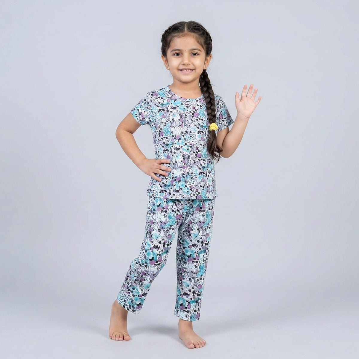 Girls Navy Blue Floral Print Cotton A-Line Dress – Casual Everyday Wear