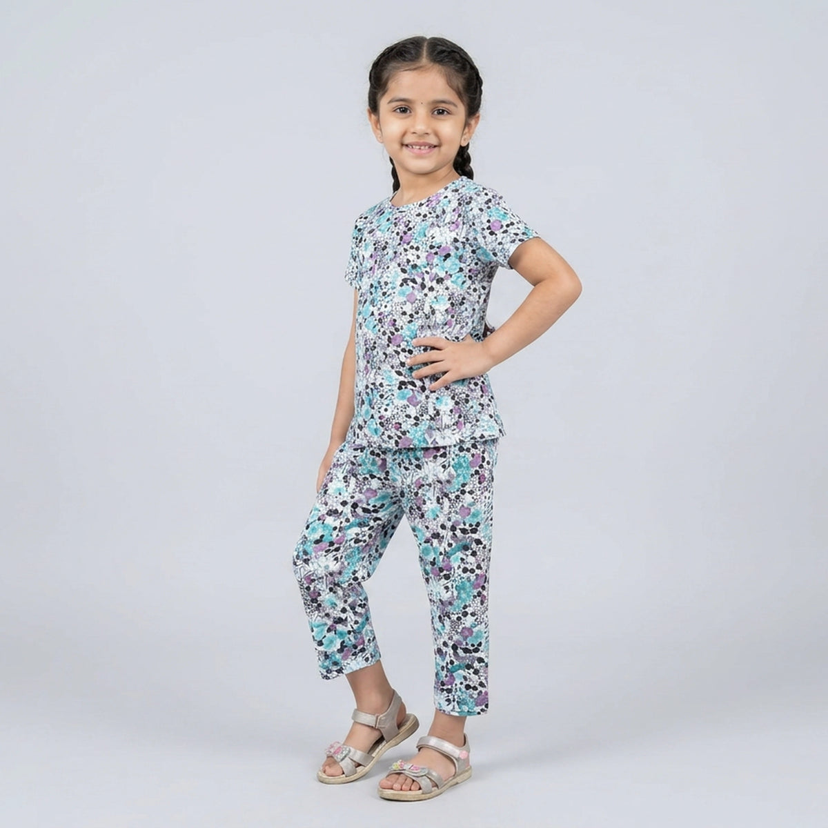 Girls Navy Blue Floral Print Cotton A-Line Dress – Casual Everyday Wear