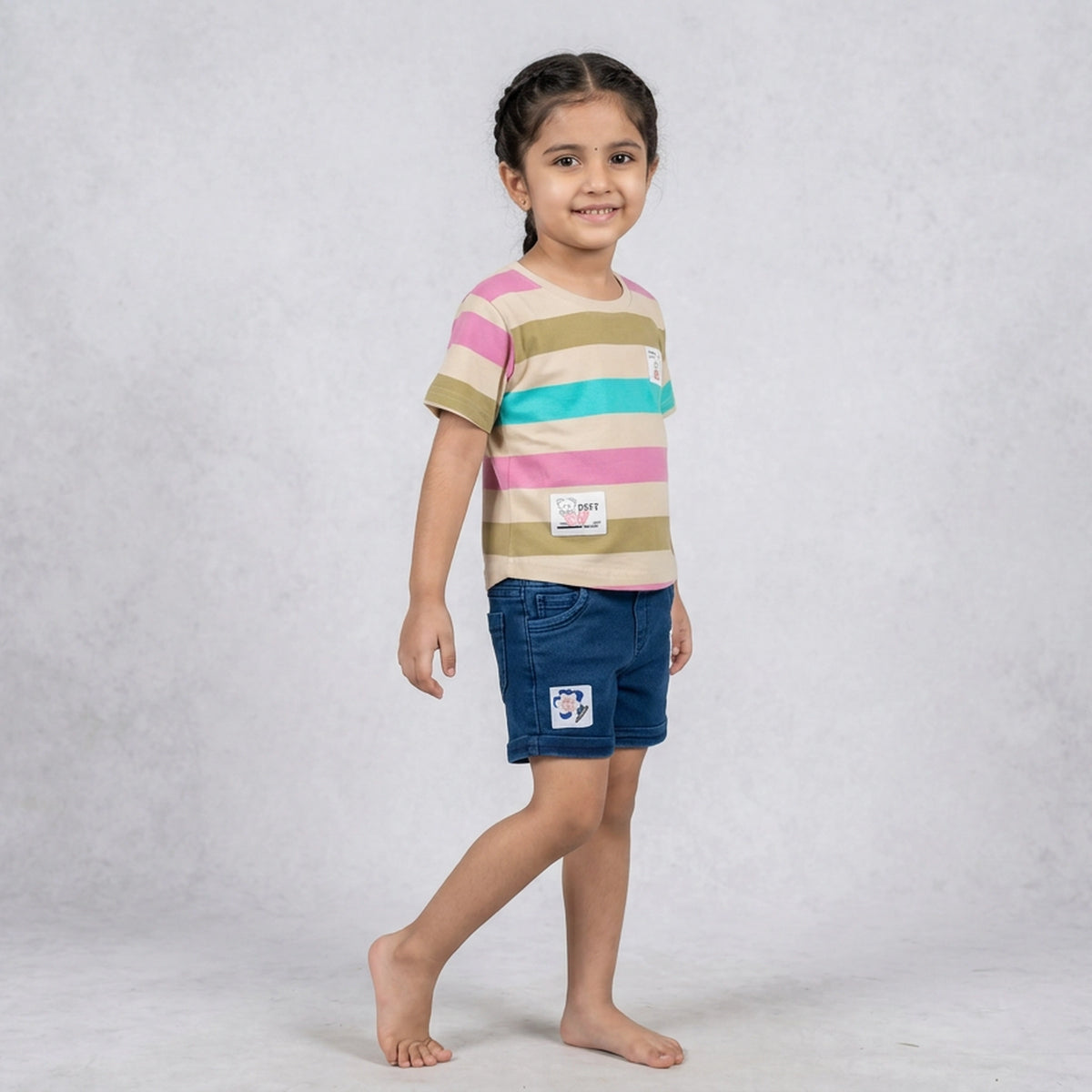 Girls Multicolor Striped Round Neck T-Shirt