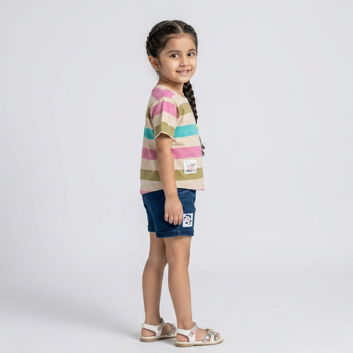 Girls Multicolor Striped Round Neck T-Shirt