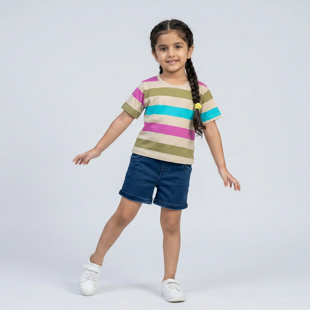 Girls Multicolor Striped Round Neck T-Shirt